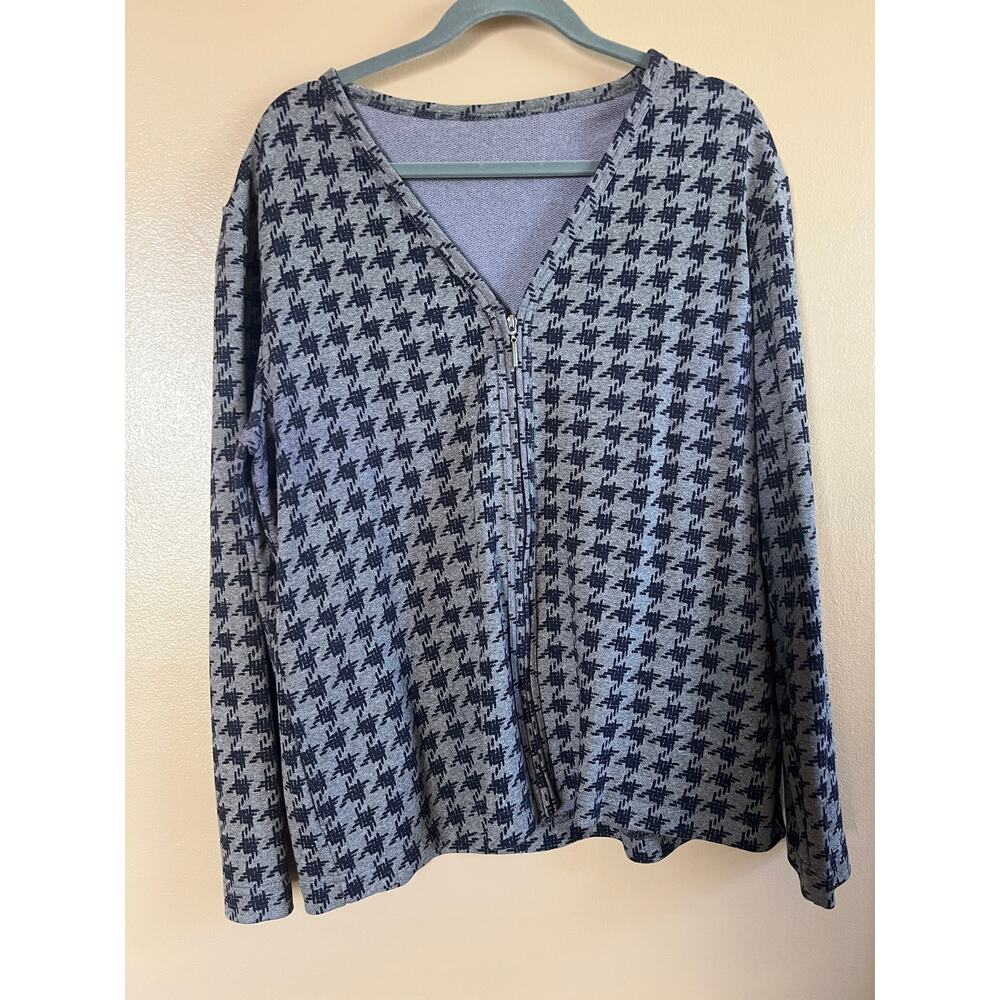 Weekenders Canada Houndstooth Zip Cardigan Womens Large Gray Navy Cotton Blend